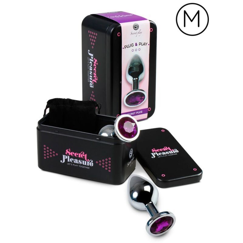 Set de plug anal en boîte métal: un plug cristal violet, un autre plug et une pochette.