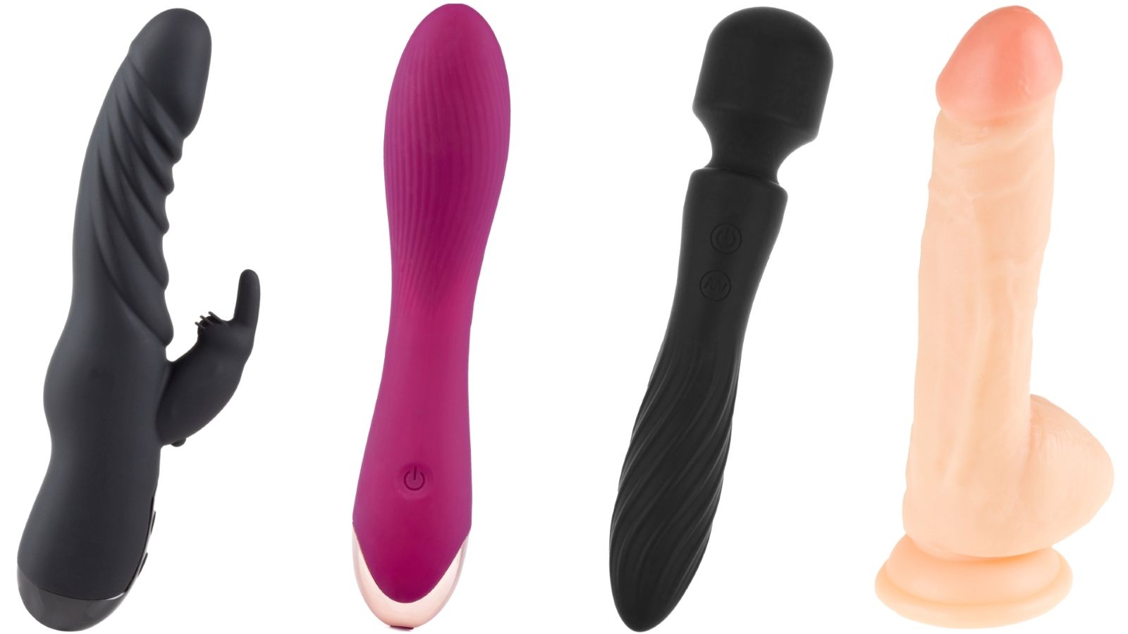 Quatre jouets sexuels: noir avec oreilles de lapin, rose, noir cannelé, beige avec pointe rose.