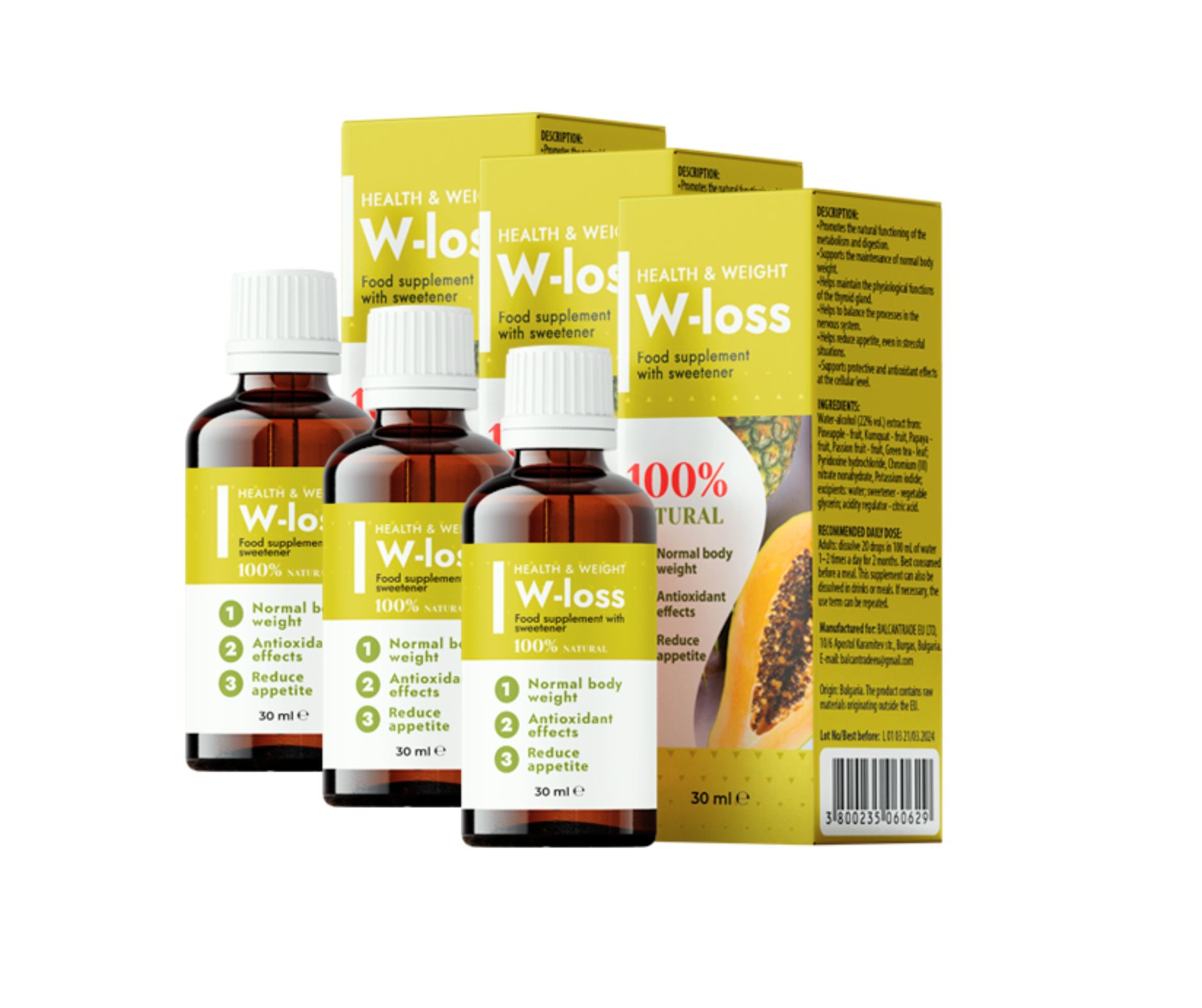 Meerdere flessen en verpakkingen van W-loss. Bruine flessen met witte doppen. Gele verpakking met productinformatie.