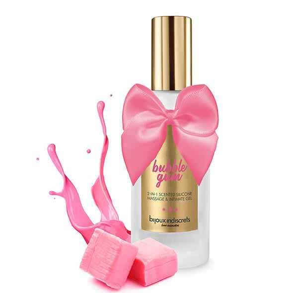 Siliconen gel fles met roze strik, roze kauwgom en spatten ernaast.