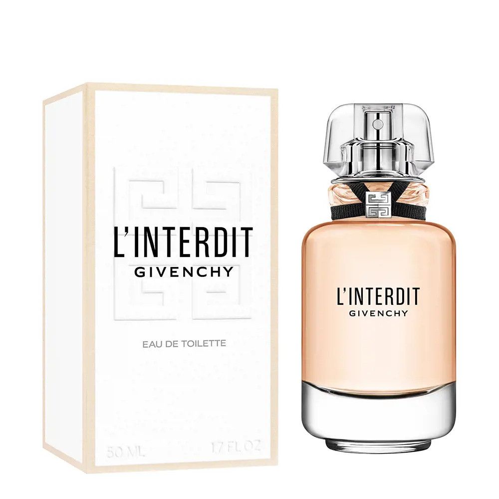 Parfumfles en verpakking. Fles met zwart lint en zilveren versiering. Verpakking met logo en opschrift L'Interdit Givenchy.