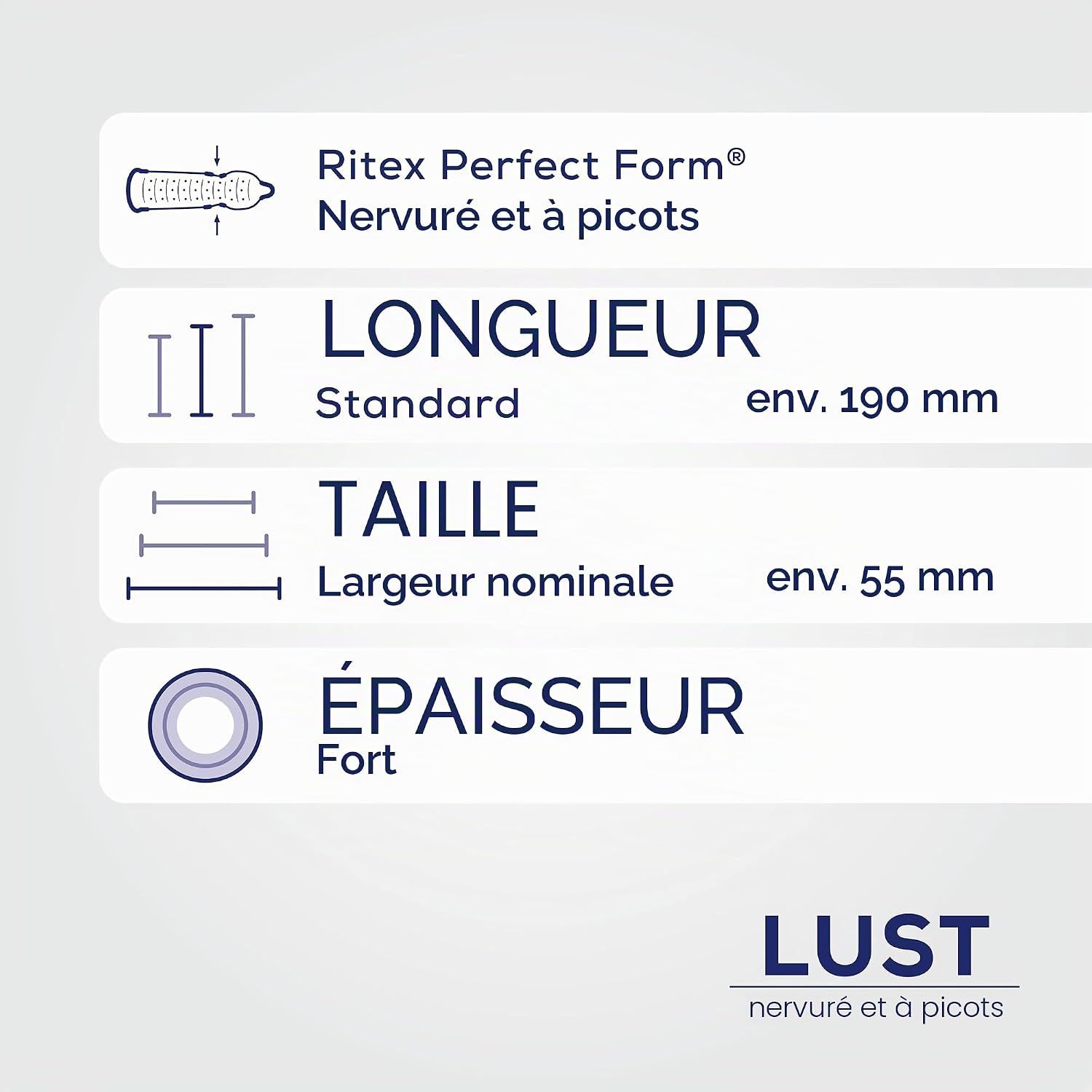 Préservatifs Ritex LUST : Nervuré et à picots. Longueur env. 190 mm, Largeur nominale env. 55 mm, Épaisseur : Forte.