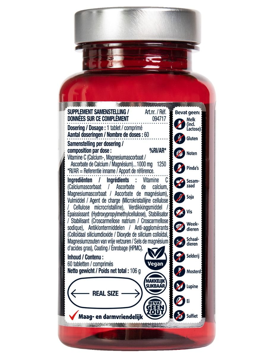 Achterkant van de fles. Bevat informatie over ingrediënten, dosering, waarschuwingen en allergenen. Vegan keurmerk.
