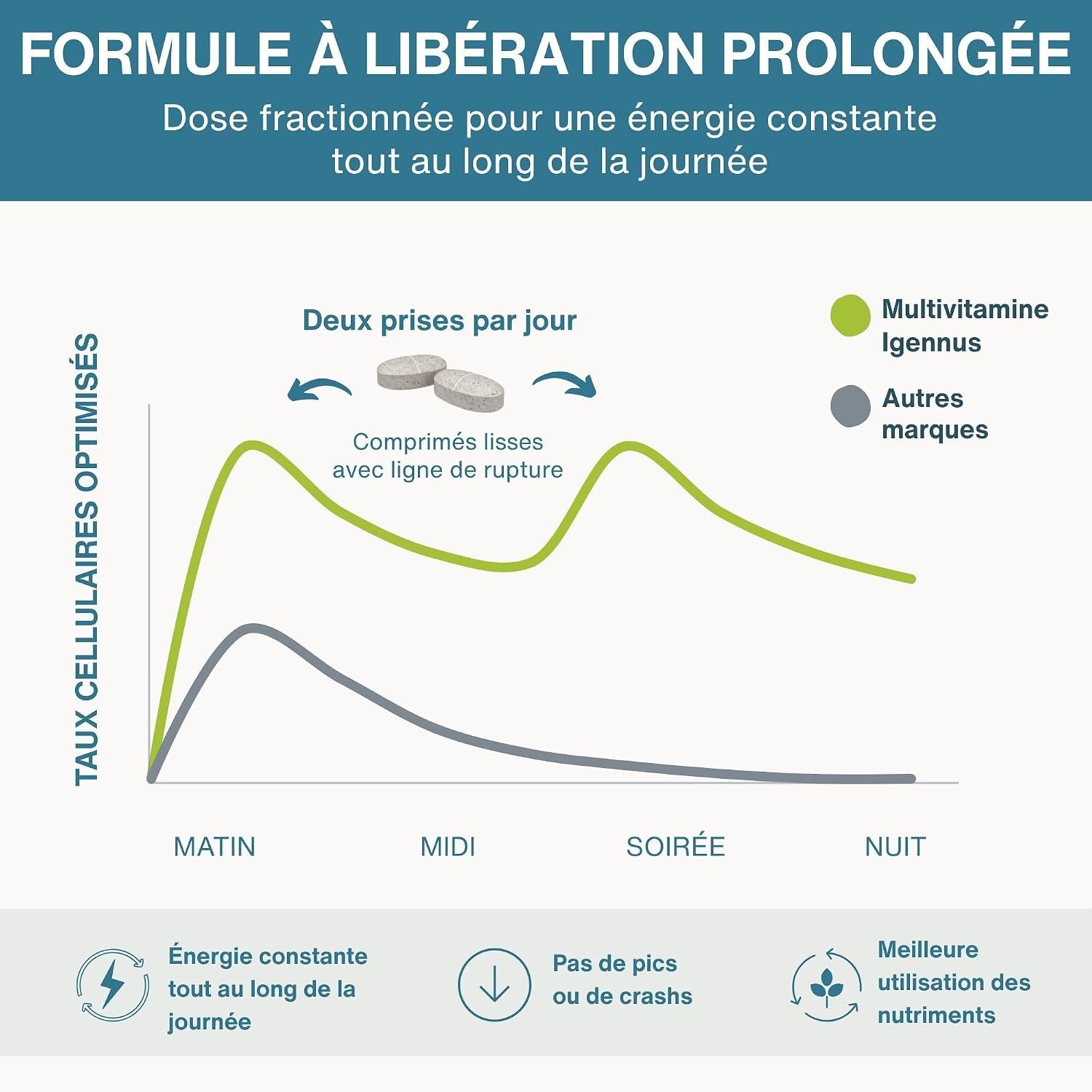Graphique montrant les niveaux de nutriments sur la journée. Igennus Multi fournit une énergie constante grâce à une libération prolongée.
