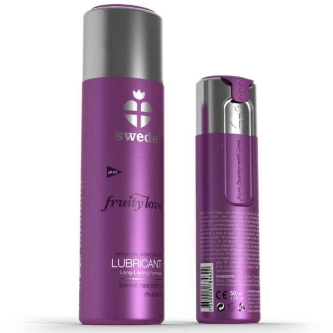 Un flacon violet avec un bouchon argenté. L'impression contient 'swede', 'fruity love' et 'LUBRICANT'.