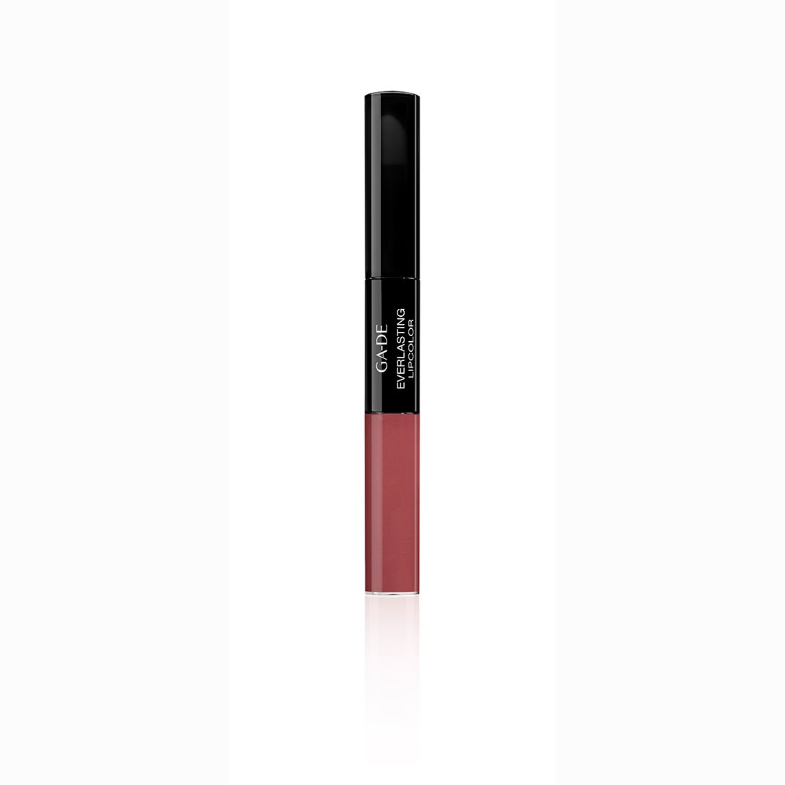 Dubbele lippenstift. Zwarte dop, roze lippenstift. Opschrift: GA-DE Everlasting Lipcolor.