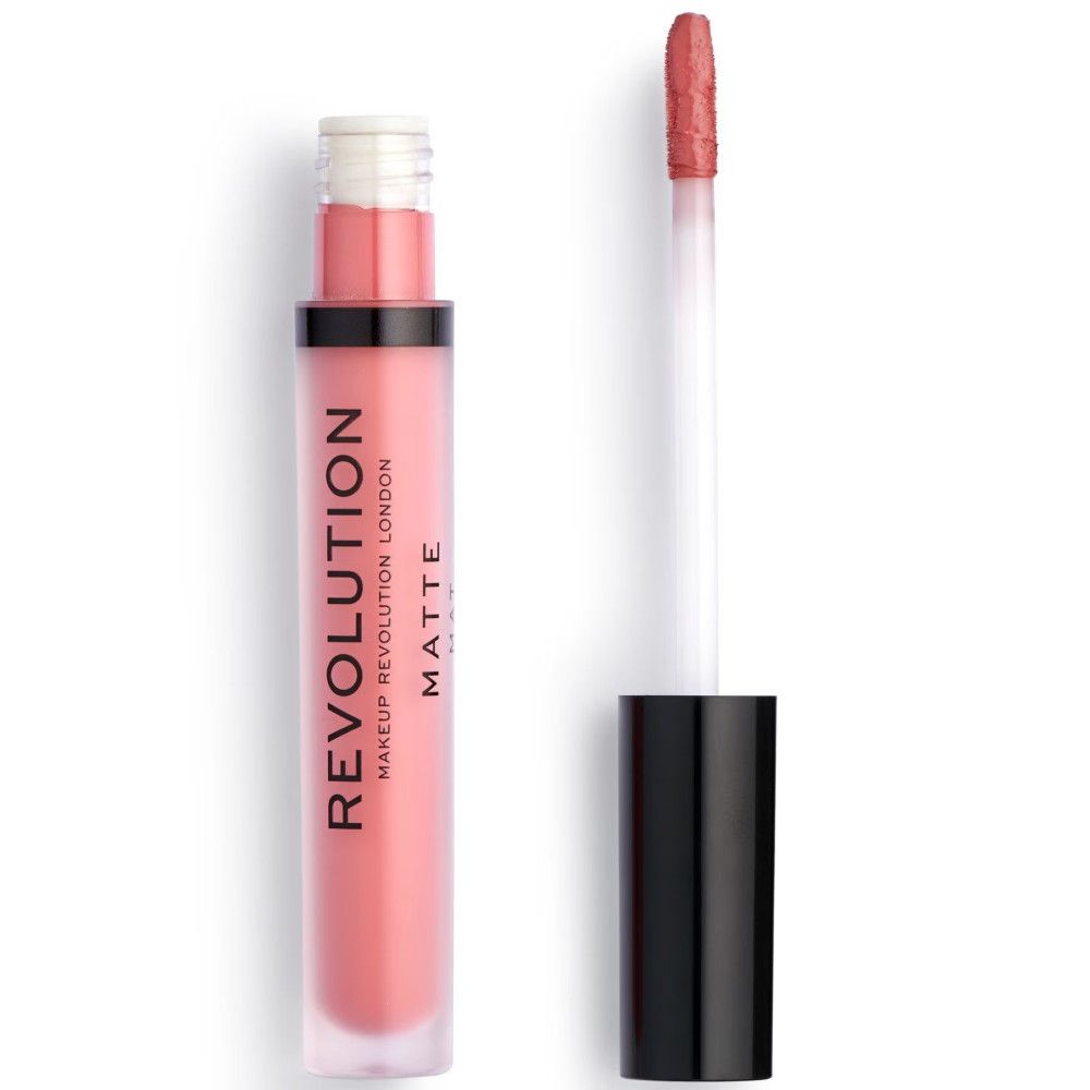 Tube de gloss avec applicateur. Teinte rose. Bouchon noir. Inscription: REVOLUTION MAKEUP LONDON MATTE.