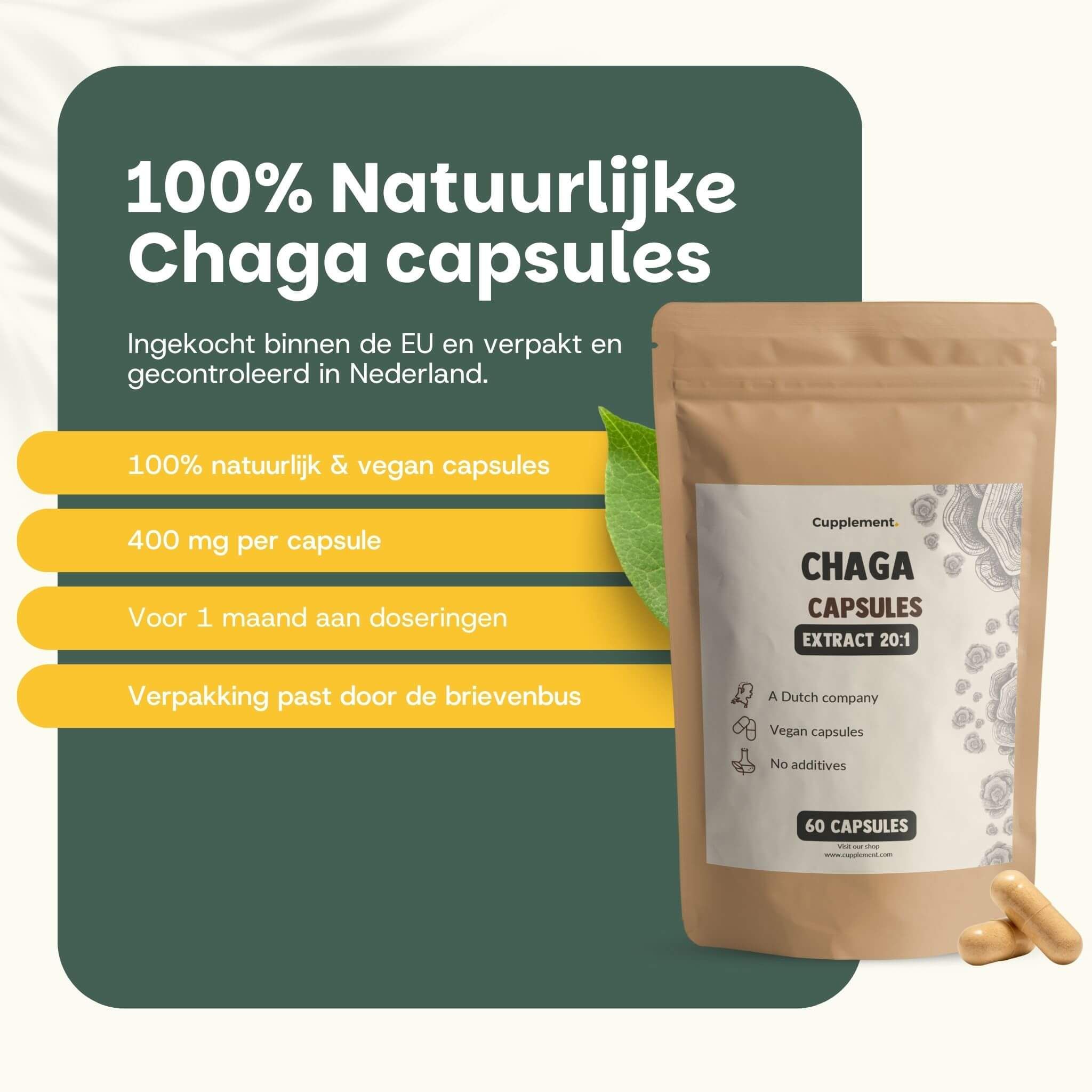 Zakje met chaga capsules. Tekst: 100% natuurlijke & vegan capsules, 400 mg per capsule, voor 1 maand doseringen.