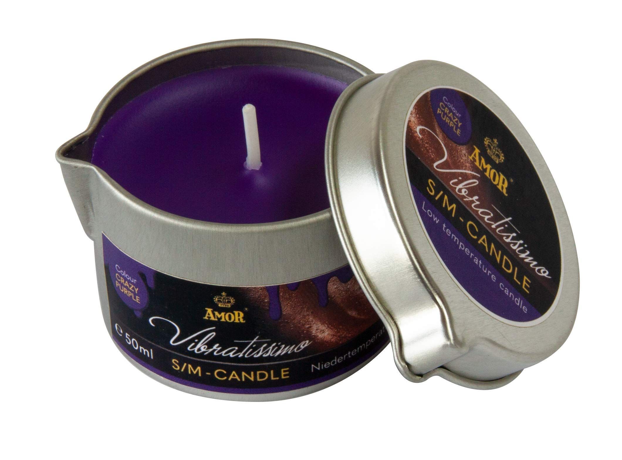 Paarse Vibratissimo S/M kaars in metalen blikje, 50ml.