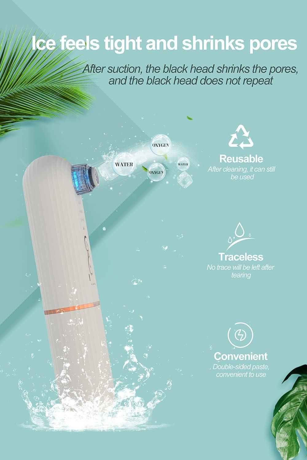 Appareil blanc avec lumière bleue. Texte : La glace resserre et réduit les pores. Fonctions : réutilisable, sans trace, pratique.
