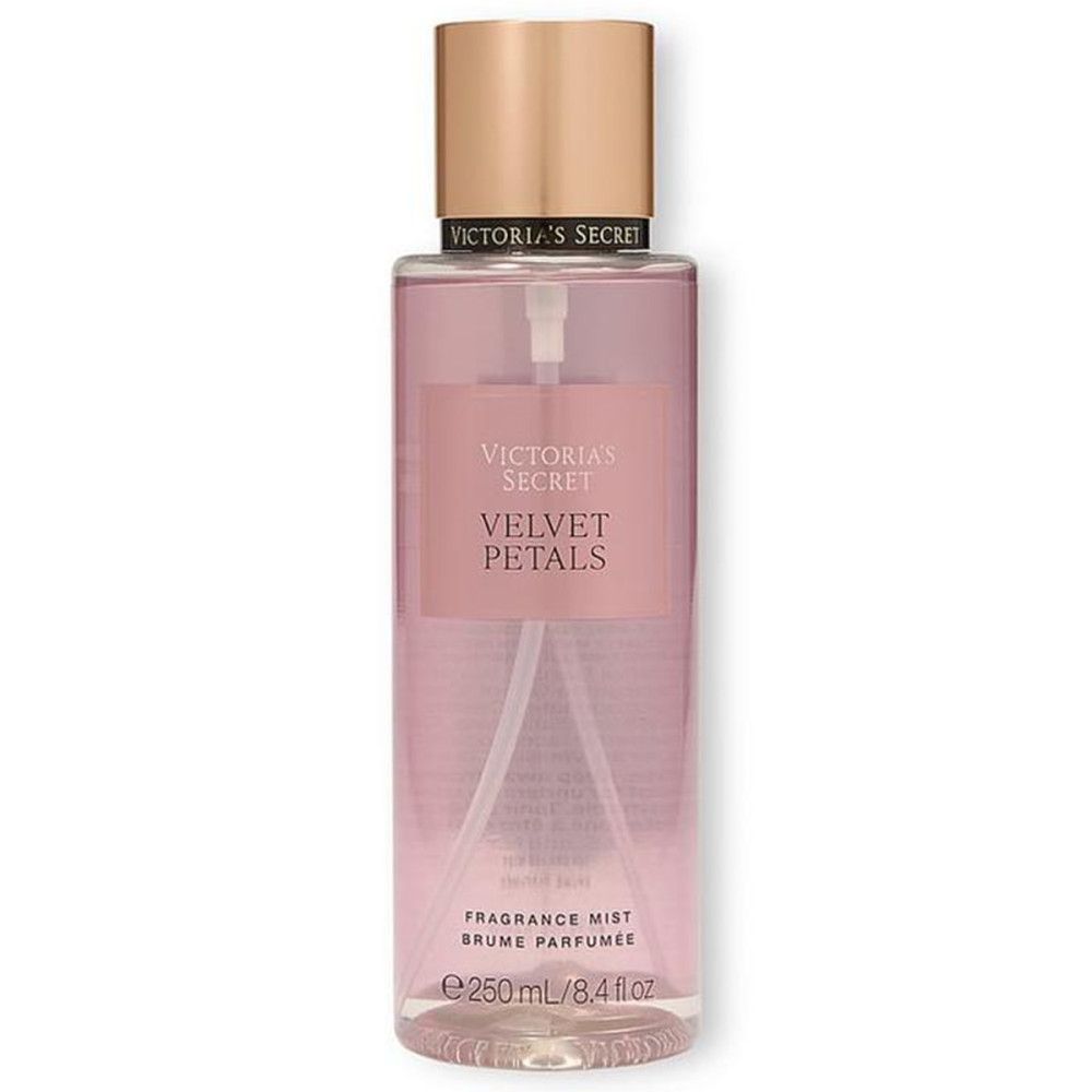Body mist fles, Victoria's Secret Velvet Petals. Roze vloeistof, spraykop, gouden dop.