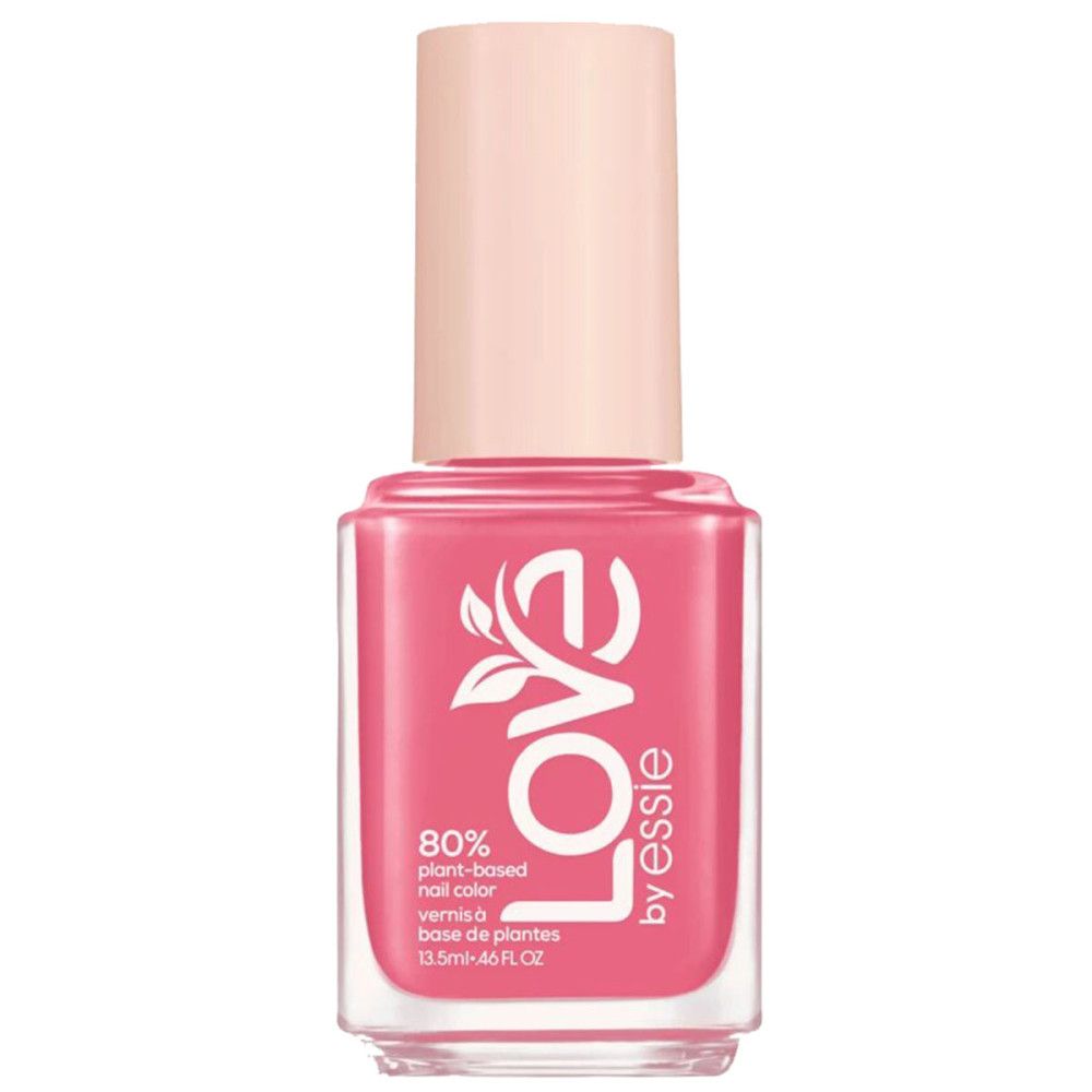 Nagellakfles met roze inhoud. Opschrift 'Love by essie', 80% plantaardig. Transparante fles.