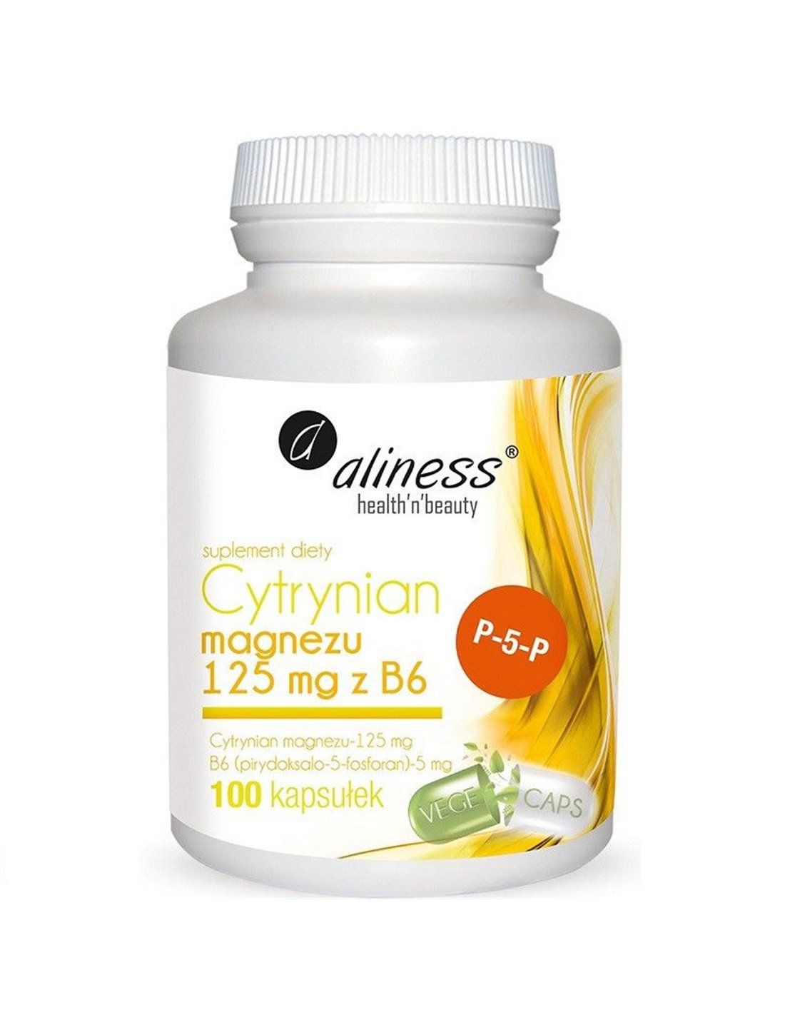 Boîte de capsules Aliness Magnesiumcitrat 125 mg avec B6 (P-5-P), blanche, avec étiquette jaune.