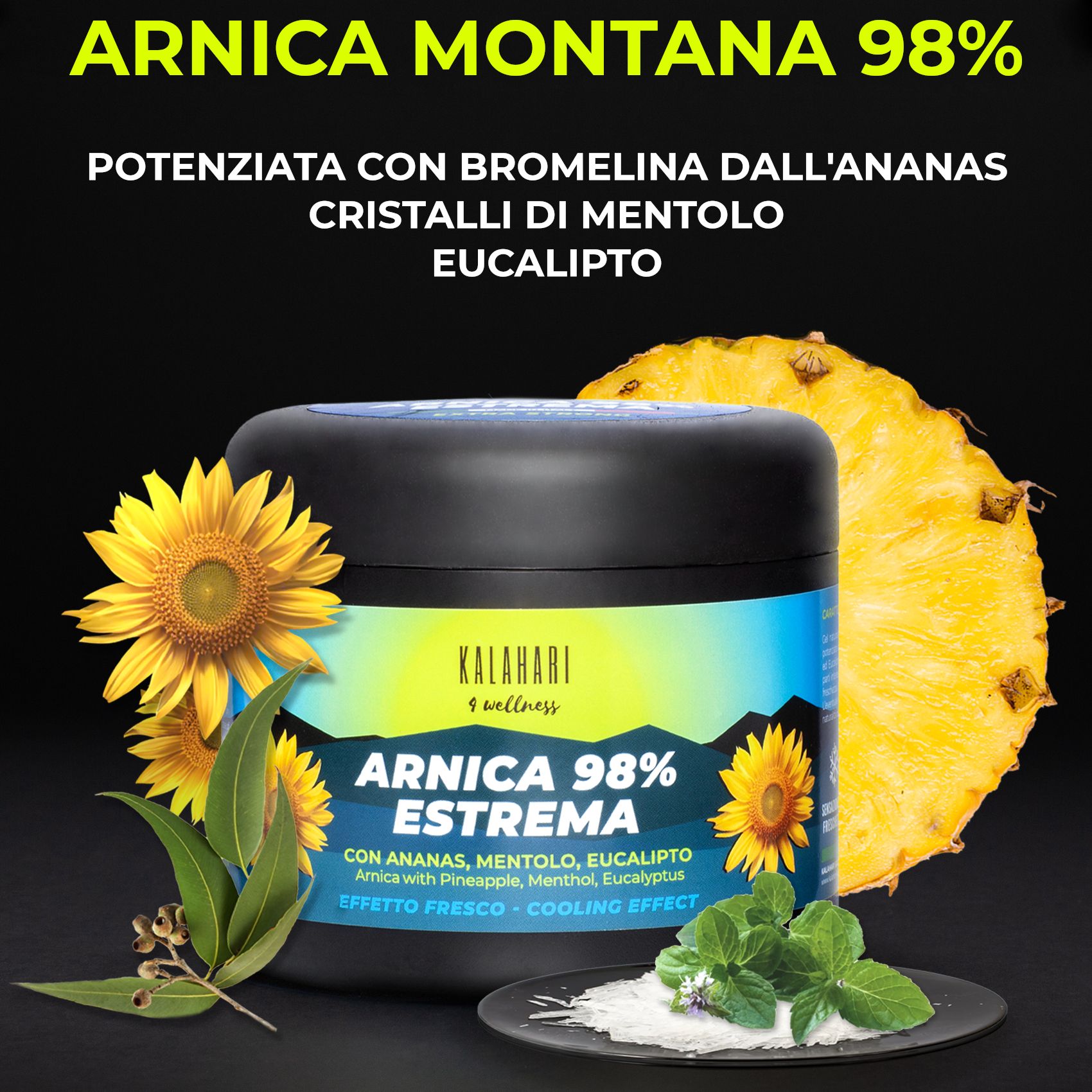Pot KALAHARI Arnica 98% ESTREMA à côté d'ananas, de menthe et de feuilles d'eucalyptus.