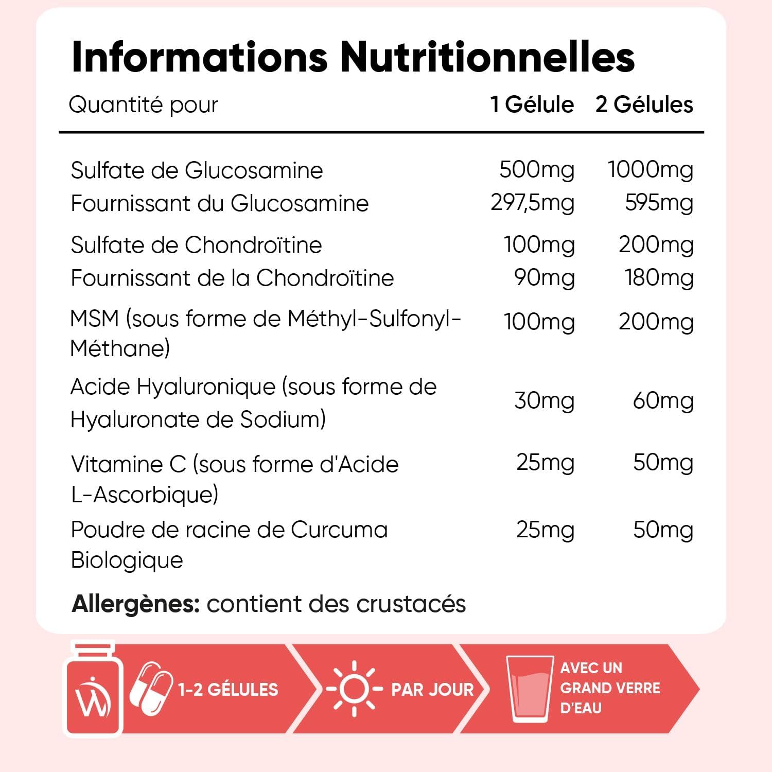 Tableau nutritionnel avec Glucosamine, Chondroïtine, MSM, Acide Hyaluronique, Vitamine C, Curcuma. Contient des crustacés.
