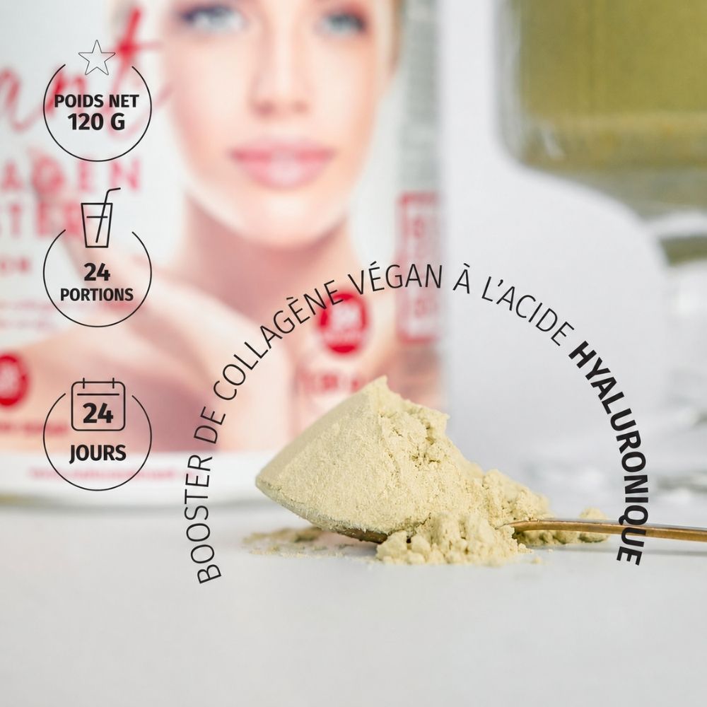 Boîte Pink Collagen, verre de Pink Latte, cuillère de poudre, morceaux de noix de coco.