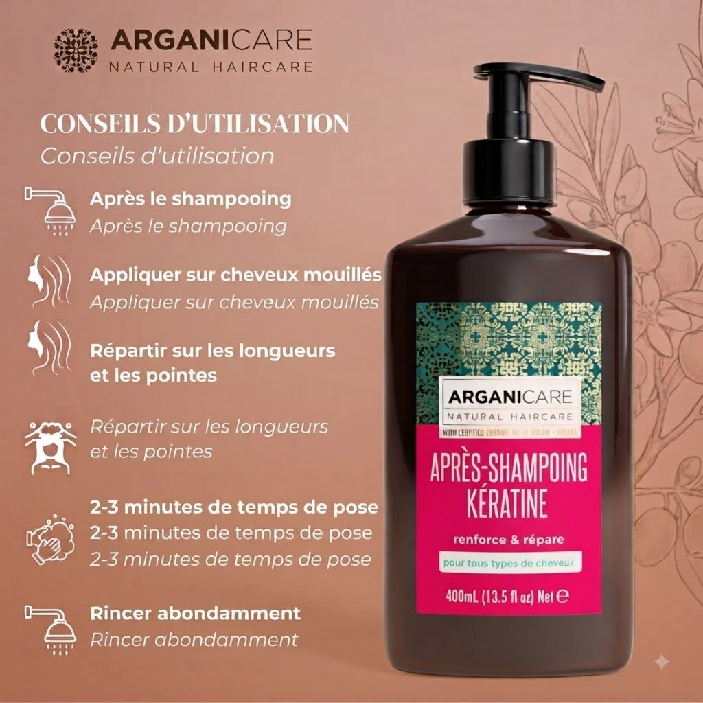 Main tenant une bouteille d'Arganicare Keratin Conditioner devant des cheveux foncés et lisses.