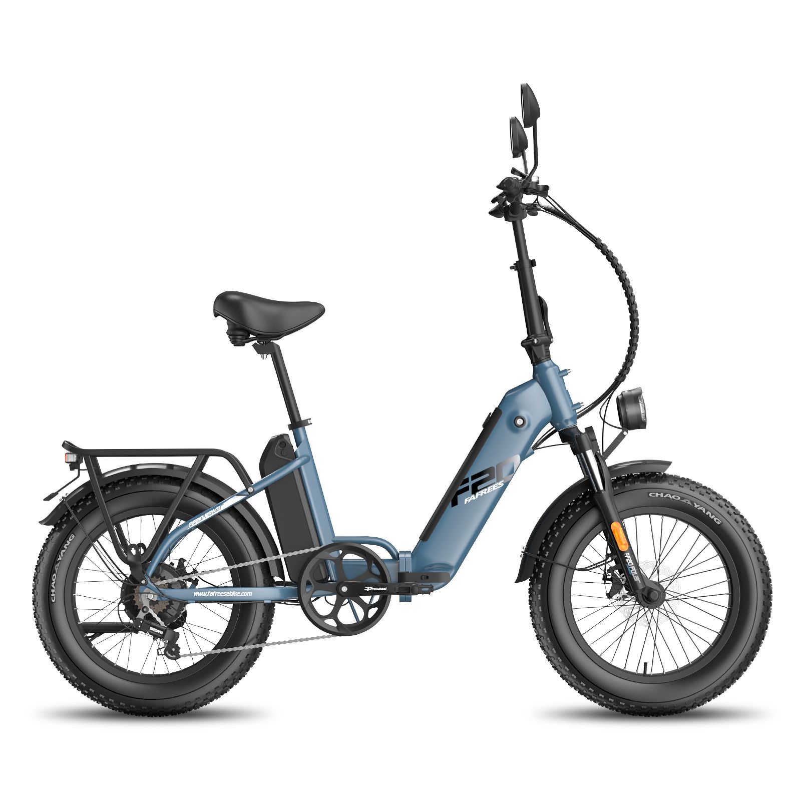 Vélo électrique bleu Fafrees FF20 Polar avec double batterie. Pneus, selle et porte-bagages noirs. Phare avant.