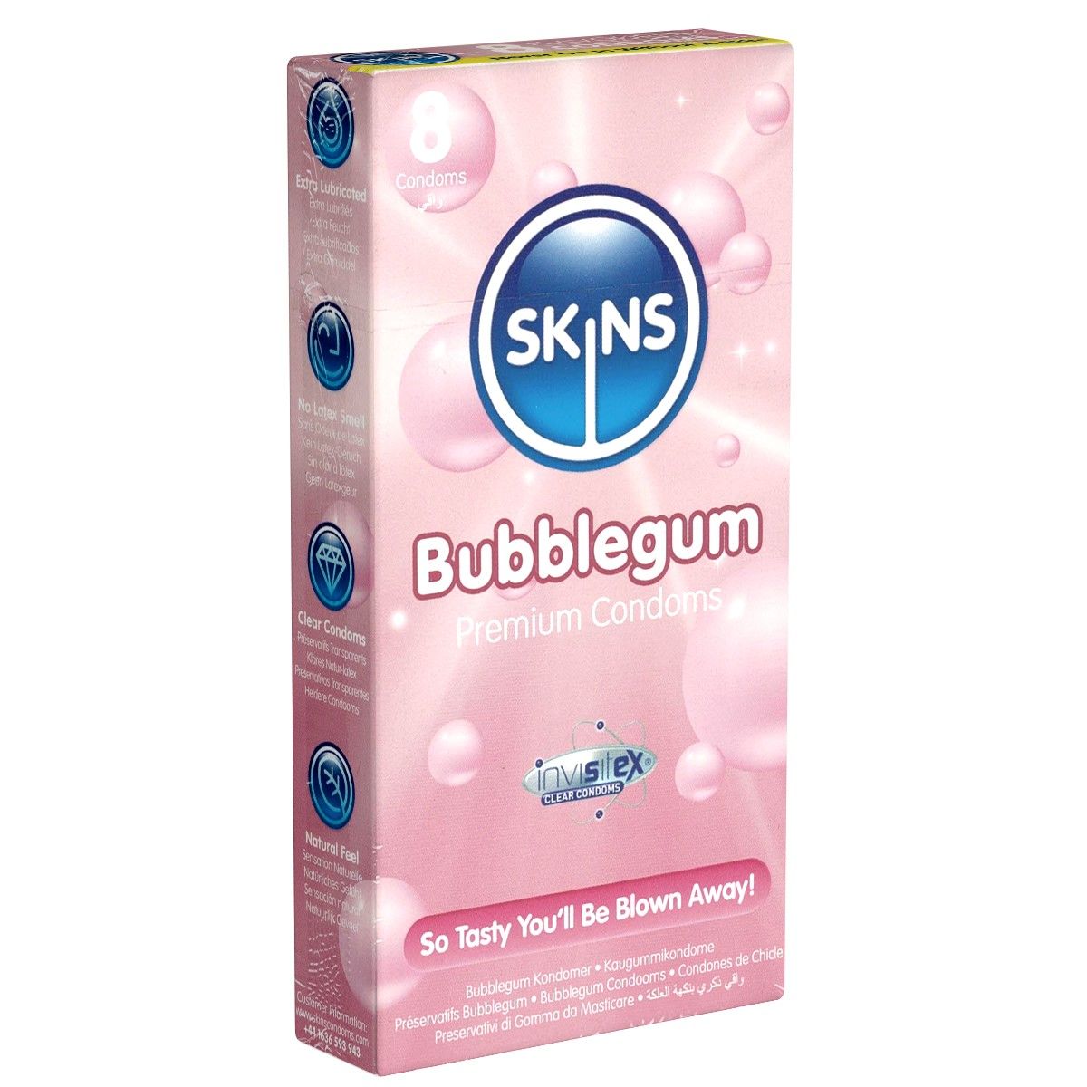 Boîte rose avec logo SKINS et texte Bubblegum. Contient 8 préservatifs. Texte : Premium Condoms, So Tasty You'll Be Blown Away!