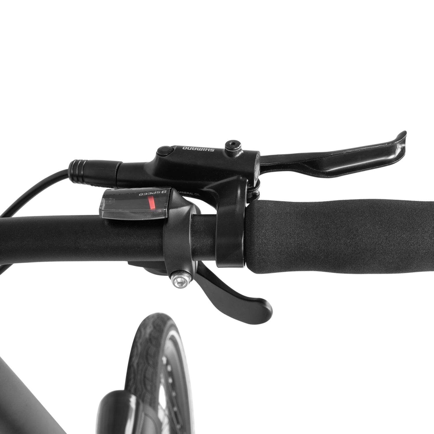 Fietsstuur met remhendel en versnellingspook. Zwarte handvatten en details. Shimano-logo zichtbaar.