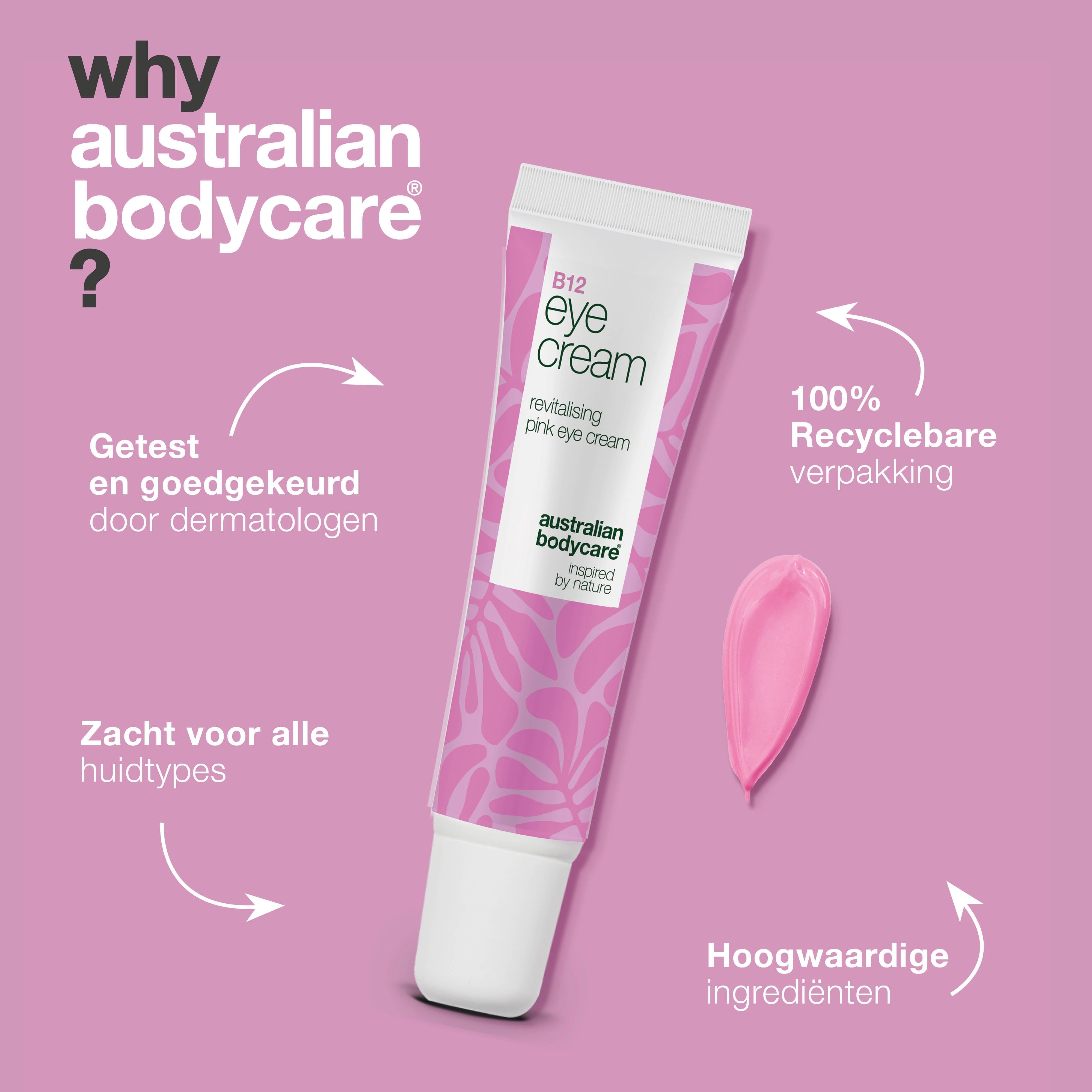 Tube B12 oogcrème en roze crème. Tekst: Why Australian Bodycare? Getest, Zacht, Verpakking, Ingrediënten.