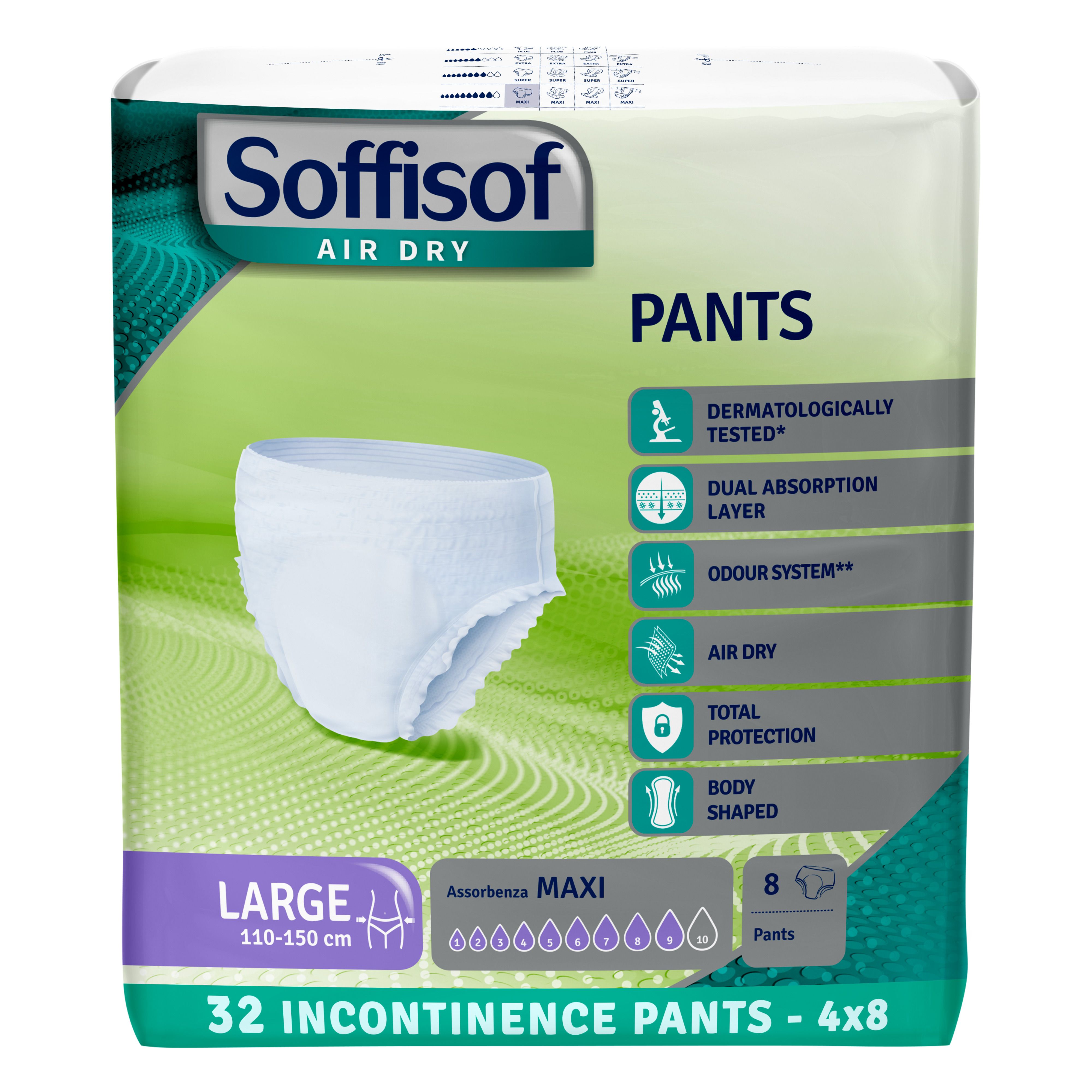 Soffisof Pants Maxi. Maat L, 110-150 cm. 8 stuks. Verpakking met productkenmerken.