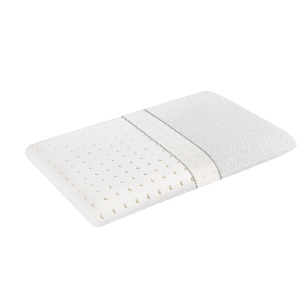 Oreiller blanc pour enfants. Rectangulaire, avec deux bandes grises. Tissu en bambou.