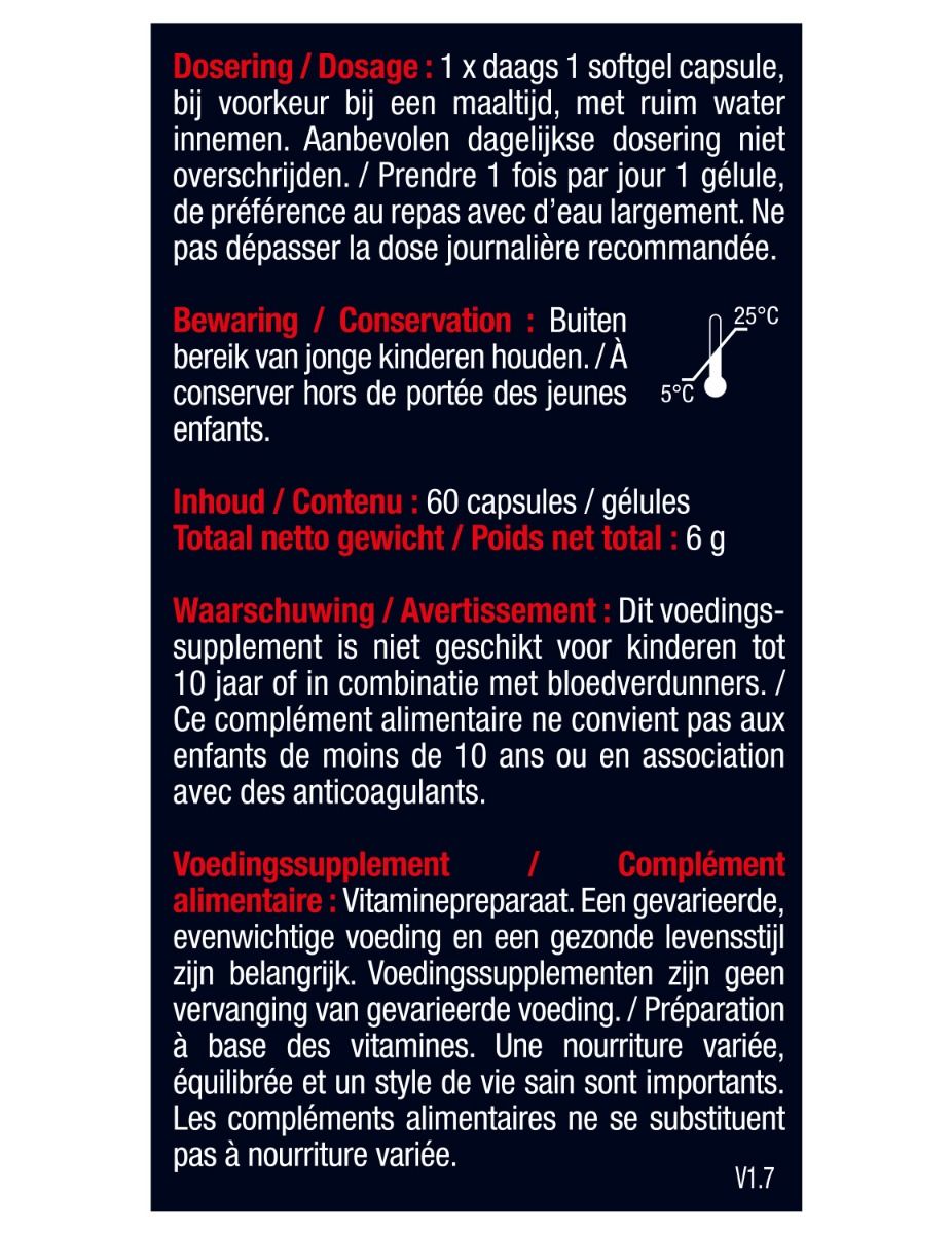 Dos de l'emballage. Contient des informations sur le dosage, la conservation et les avertissements. Contient 60 gélules.