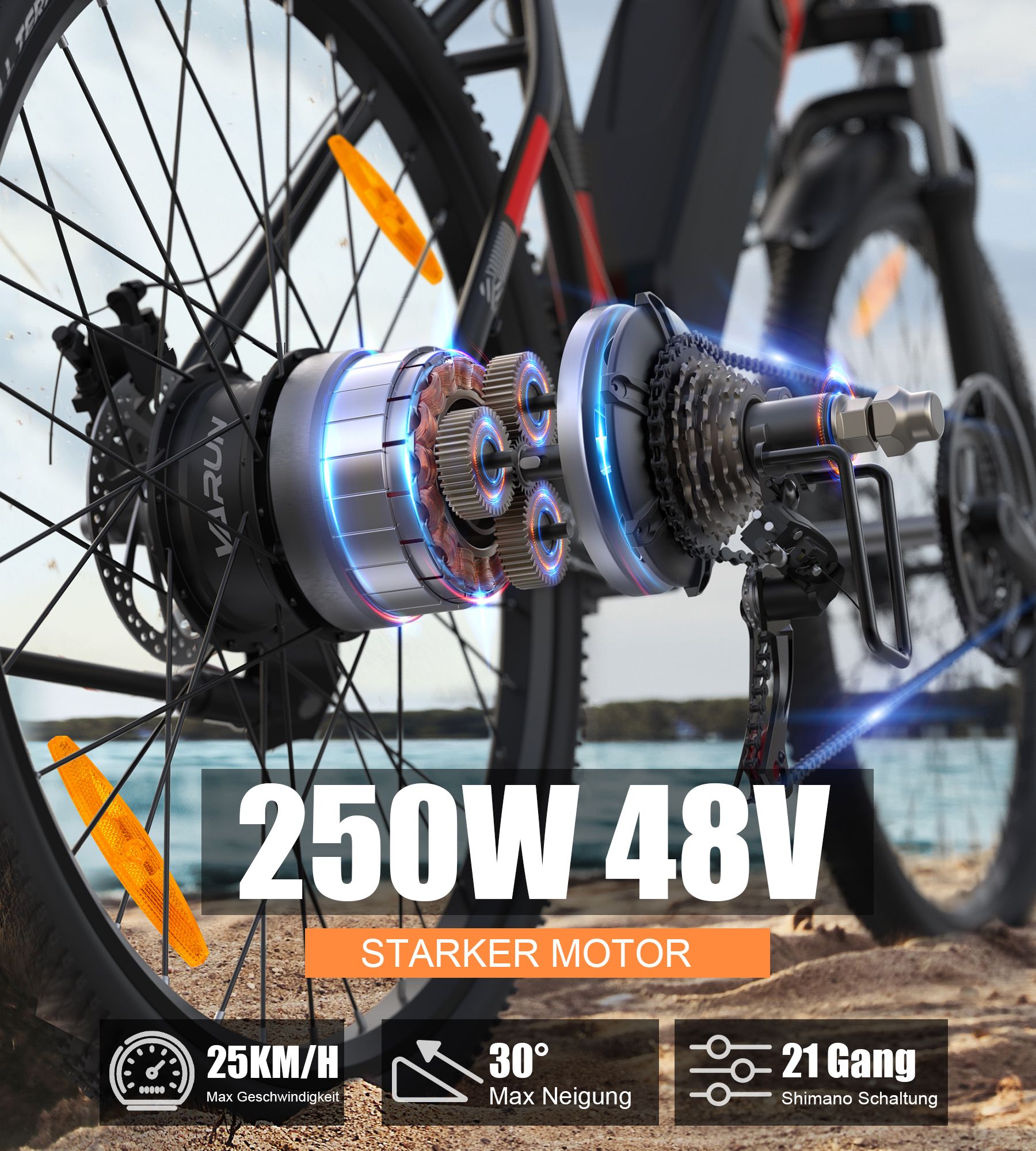 Close-up van het achterwiel van een e-bike. Tandwielen, motor en 21-versnellingsbak zichtbaar. Tekst: 250W 48V, sterke motor.