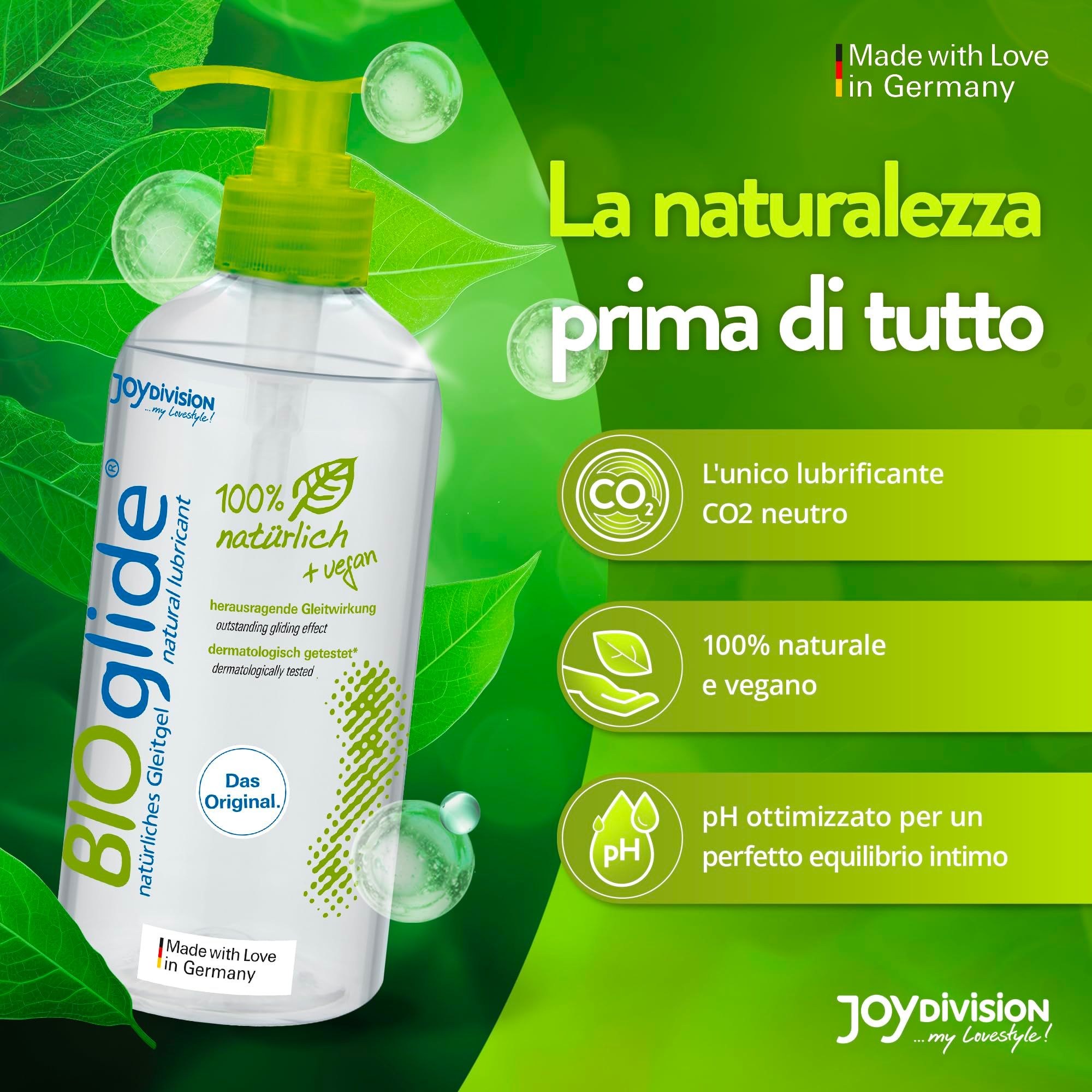 Fles BIOglide glijmiddel met pompdos. "La naturalezza prima di tutto" in het Italiaans.