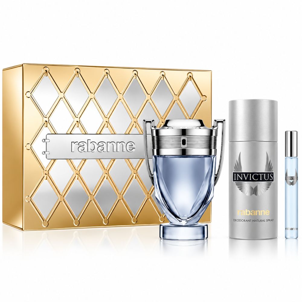 Coffret cadeau Rabanne Invictus : Eau de Toilette, déodorant et vaporisateur. Boîte cadeau dorée à motif losanges.