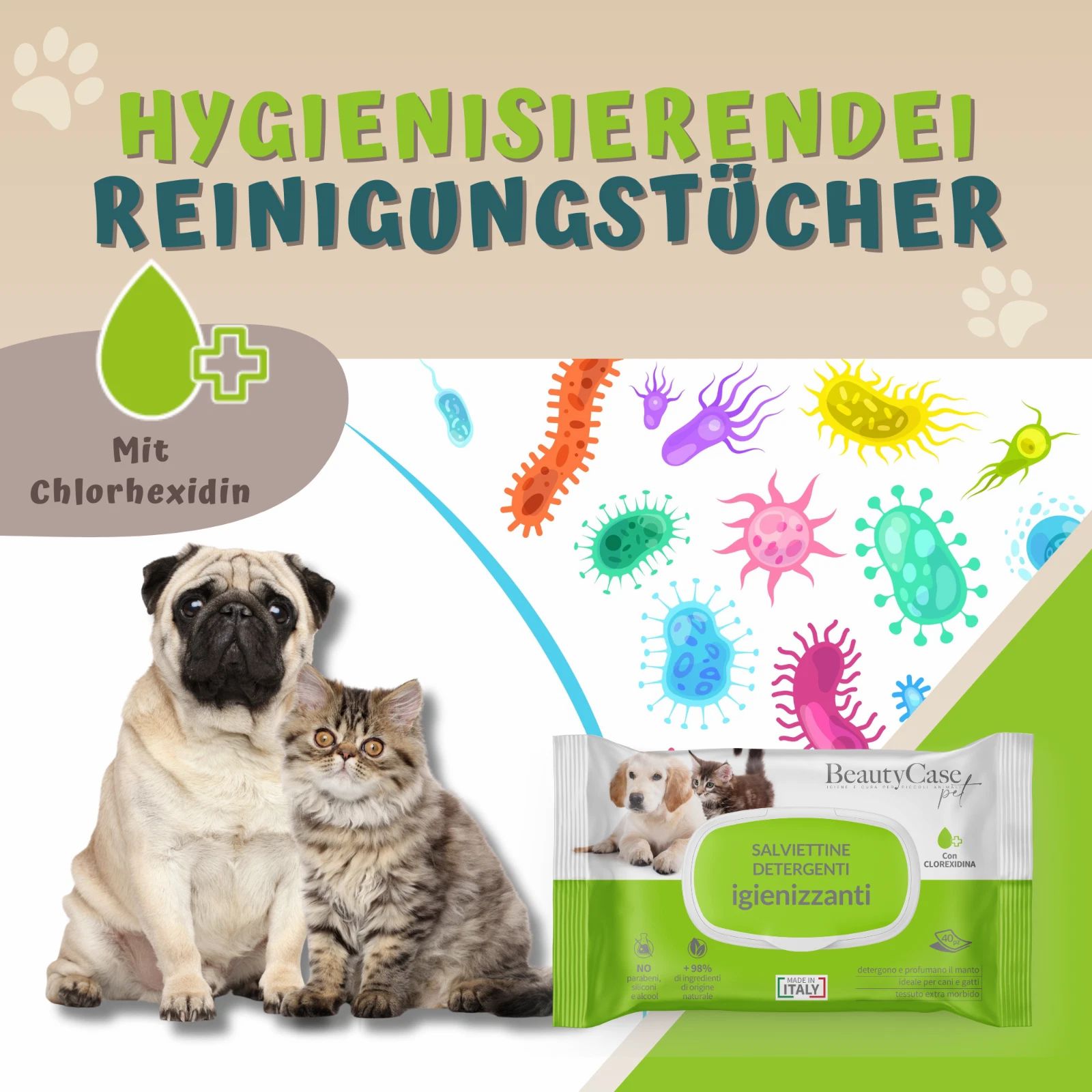 Paquet de Salviette Detergenti Animali Igienizzanti con Clorexidine. Avec Chlorhexidine. Chiens et chats représentés. Marque BeautyCase pet.