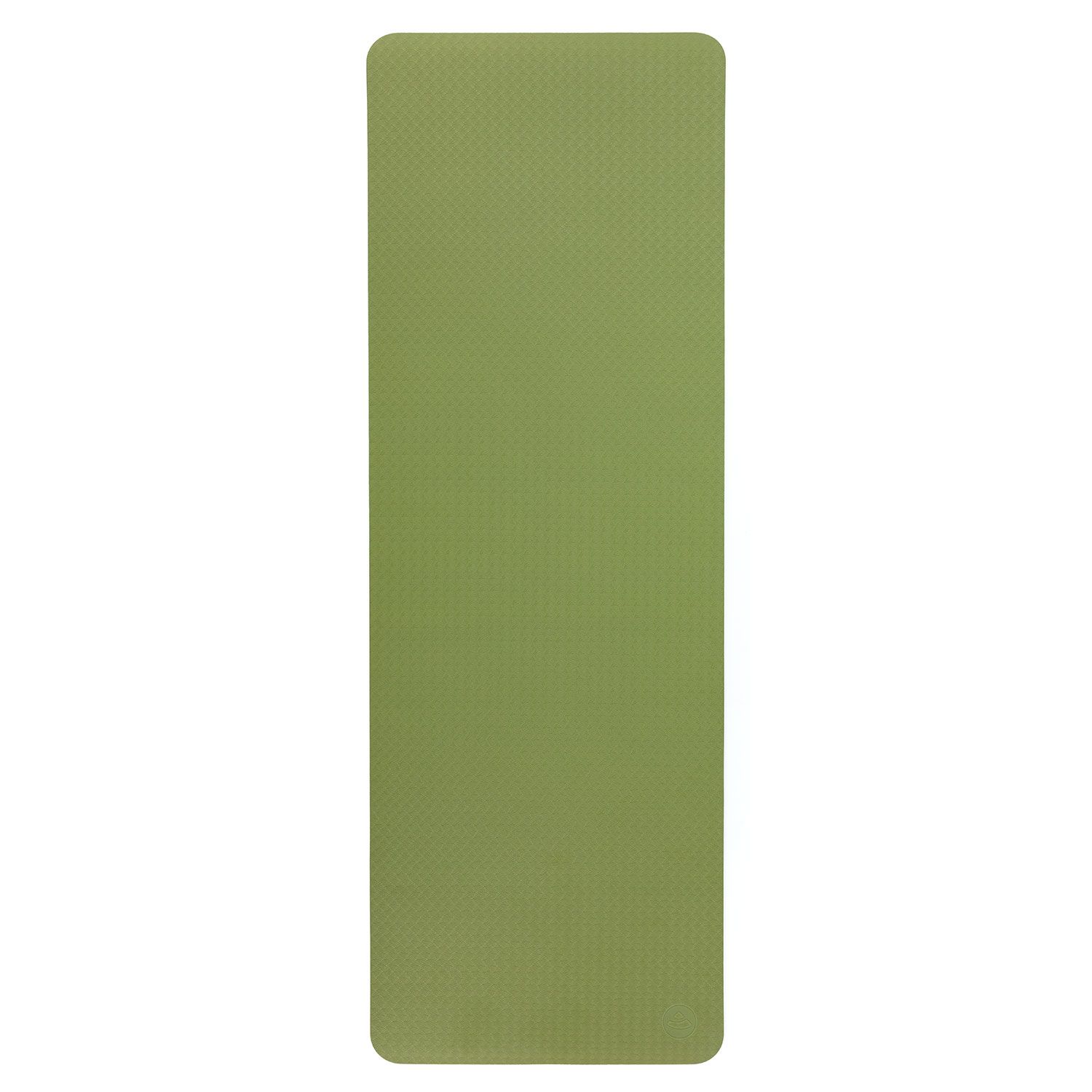 Groene yogamat, rechthoekig. Bovenkant met patroon. Afgeronde hoeken. Effen groene oppervlakte.