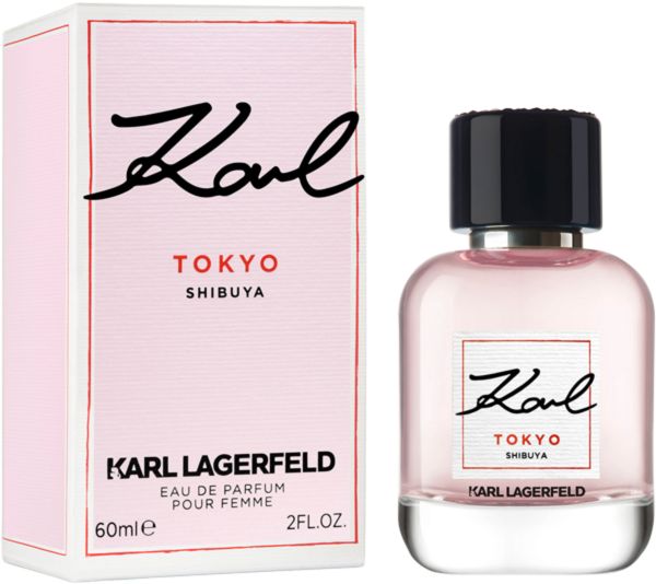 Flacon rose et emballage Karl Lagerfeld Tokyo Shibuya. Bouchon noir, étiquette blanche avec texte. 60ml.