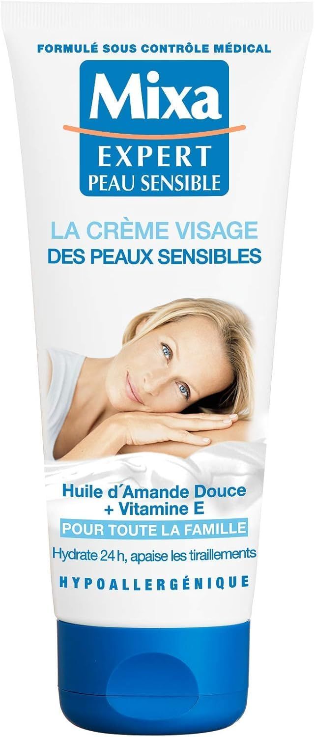 Tube de Mixa Expert Peau Sensible. Emballage bleu et blanc. Texte: La Crème Visage des peaux sensibles.