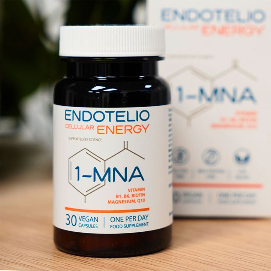 Flacon de gélules marron et boîte. Inscription: Endotelio Cellular Energy, 1-MNA, 30 gélules végétales. Contient vitamine B1, B6, biotine, magnésium, Q10.