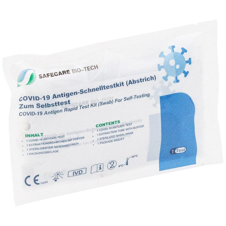 Emballage individuel du kit de test rapide antigénique Safecare Bio-Tech Covid-19. Contient test, tube d'extraction, écouvillon et notice. CE 1434.