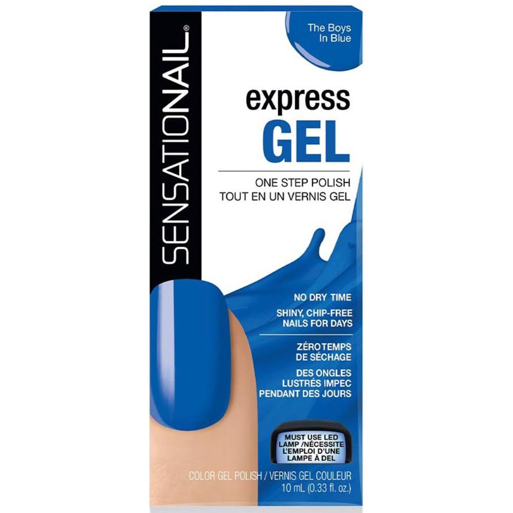 Emballage Sensationail Express-Gel. Vernis à ongles bleu. Texte: Express Gel, One Step Polish.