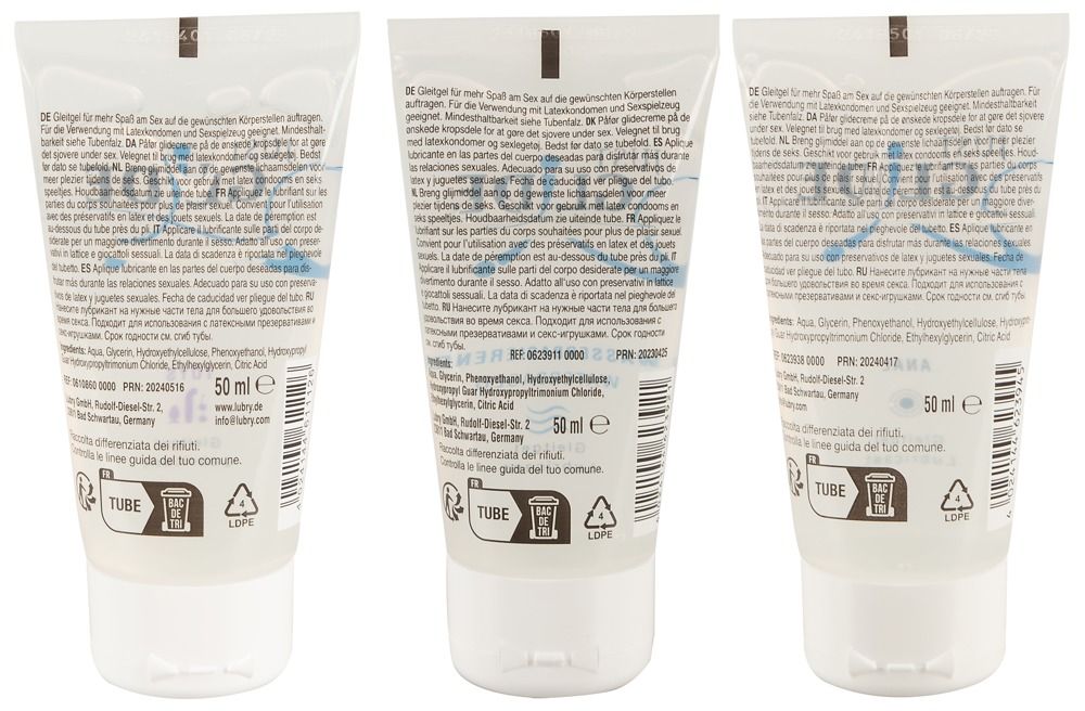 Trois tubes de gel lubrifiant : Toys, à base d'eau et anal.