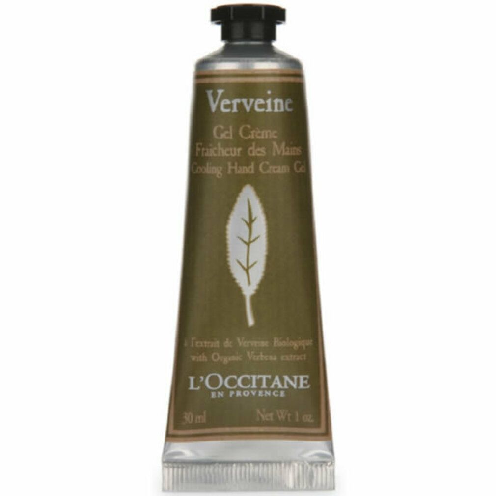 Tube de crème mains "Verveine" avec symbole feuille. Texte: "Gel Crème Fraîcheur des Mains". Marque: L'Occitane.