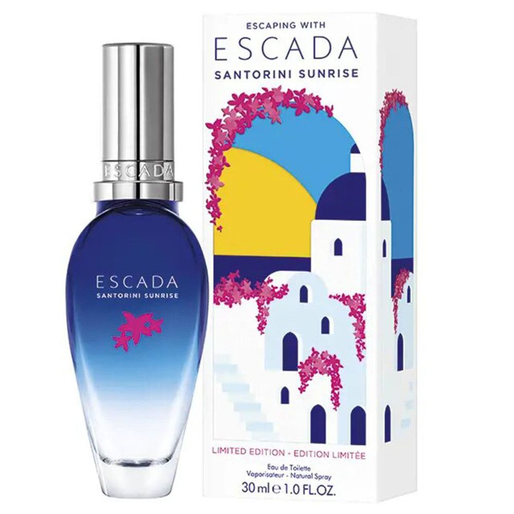 Parfumfles en verpakking. Blauw-transparante fles, zilveren dop. Verpakking met illustraties en tekst.