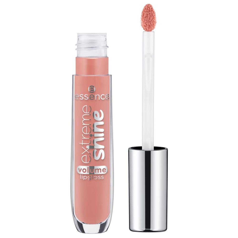 Lipgloss tube met applicator. Transparante tube met roze inhoud. Zilveren dop. Tekst: Extreme Shine, Volume Lipgloss.