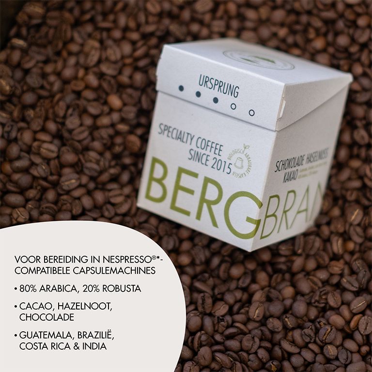 Verpakking van koffiecapsules. BERGBRAND Specialty Coffee. Tekst: 80% Arabica, 20% Robusta. Voor Nespresso.