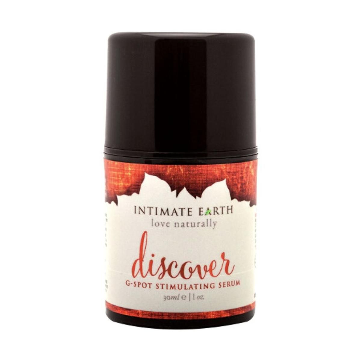 Flacon cylindrique avec bouchon noir. Étiquette avec "Intimate Earth", "discover" et "G-Spot Stimulating Serum".