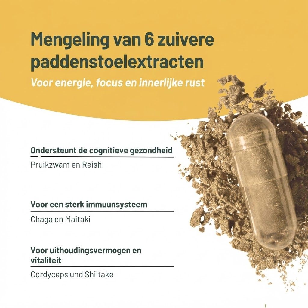 Een capsule ligt op een hoop bruin poeder. Tekst vermeldt paddenstoelenextracten voor energie en immuunsysteem.
