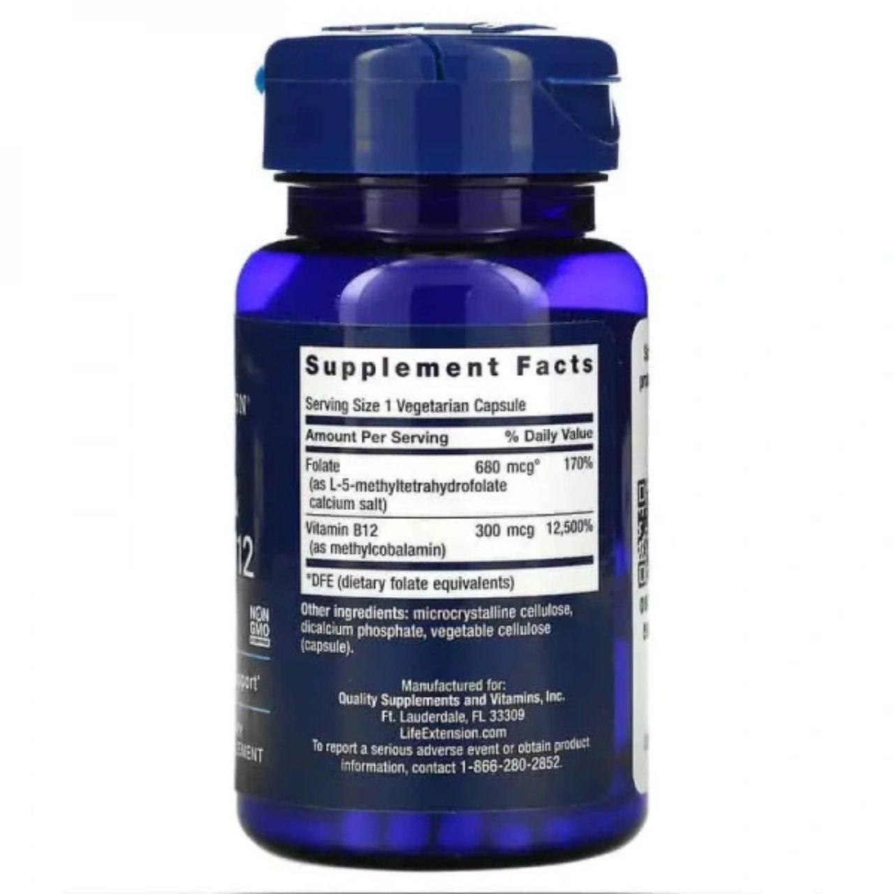 Achterkant van de fles met voedingsfeiten voor folaat en vitamine B12.