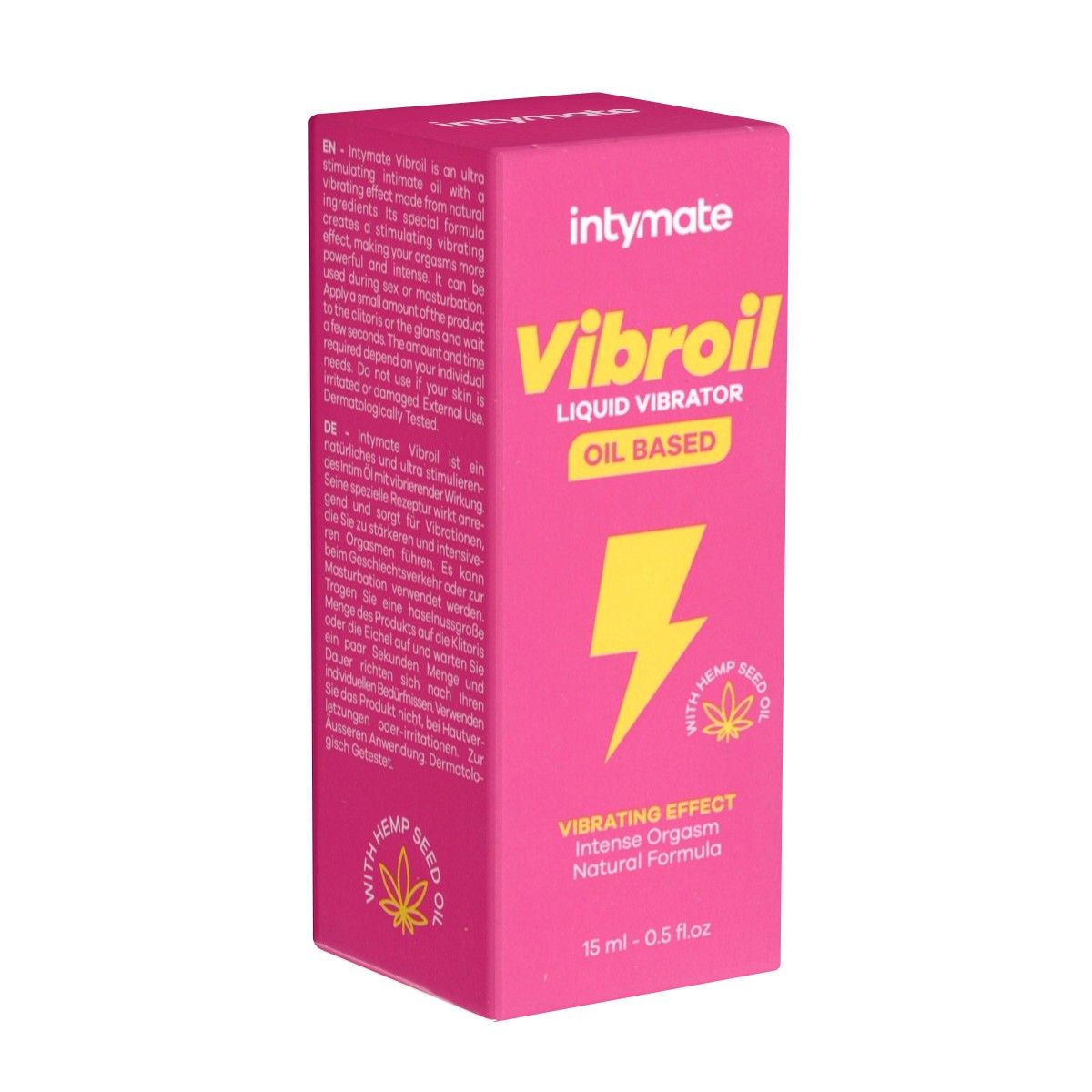 Boîte rose Intymate Vibroil. Éclair jaune, texte "Vibroil Liquid Vibrator Oil Based". Contient de l'huile de graines de chanvre. 15 ml.