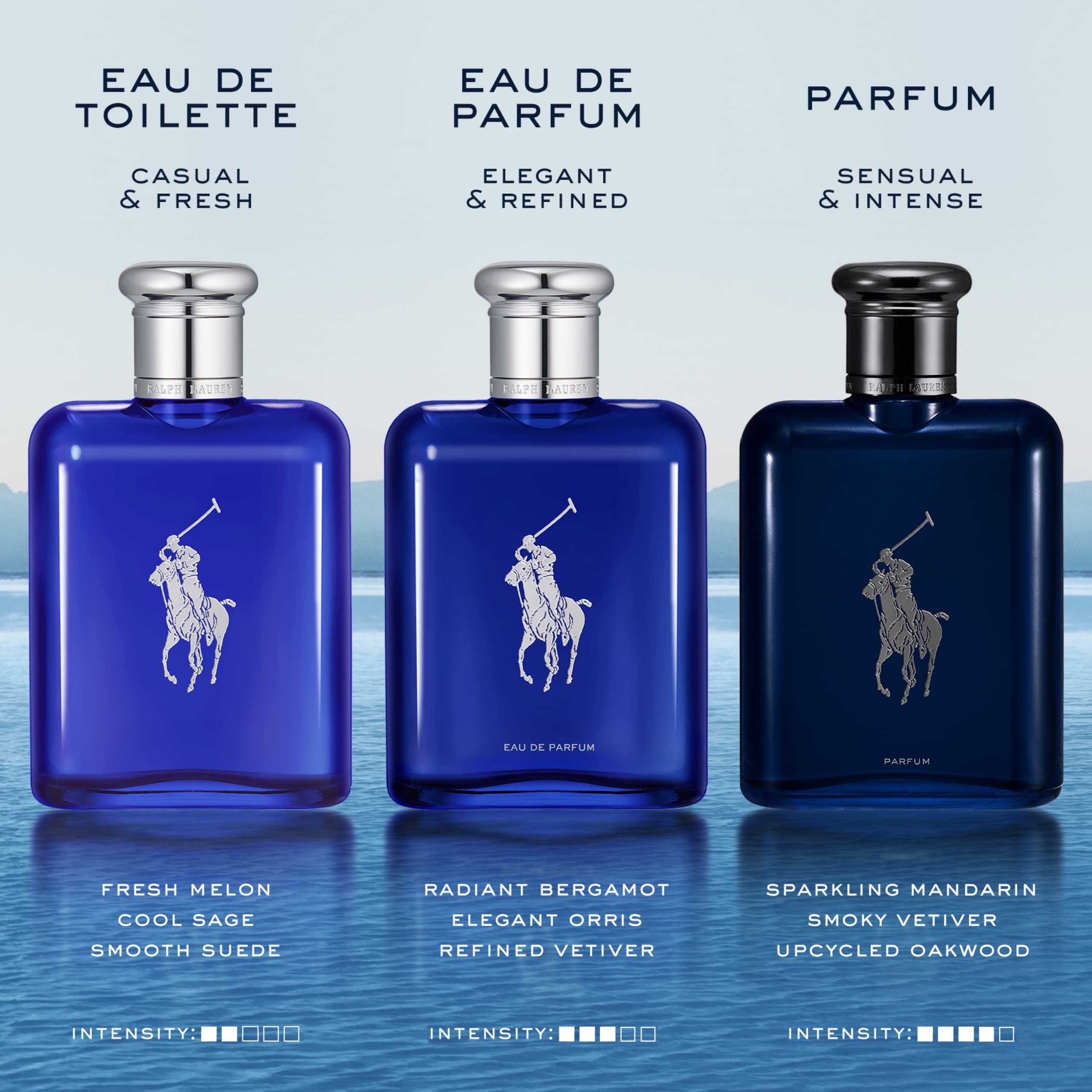 Trois flacons de parfum bleus avec bouchons argentés. Inscription : Eau de Toilette, Eau de Parfum, Parfum. Ingrédients en dessous.