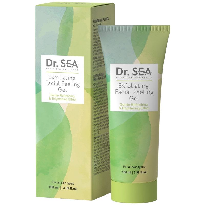 Groene peelinggel met verpakking. Opschrift: Dr. SEA, Exfoliërende gezichtspeeling. Voor alle huidtypes.