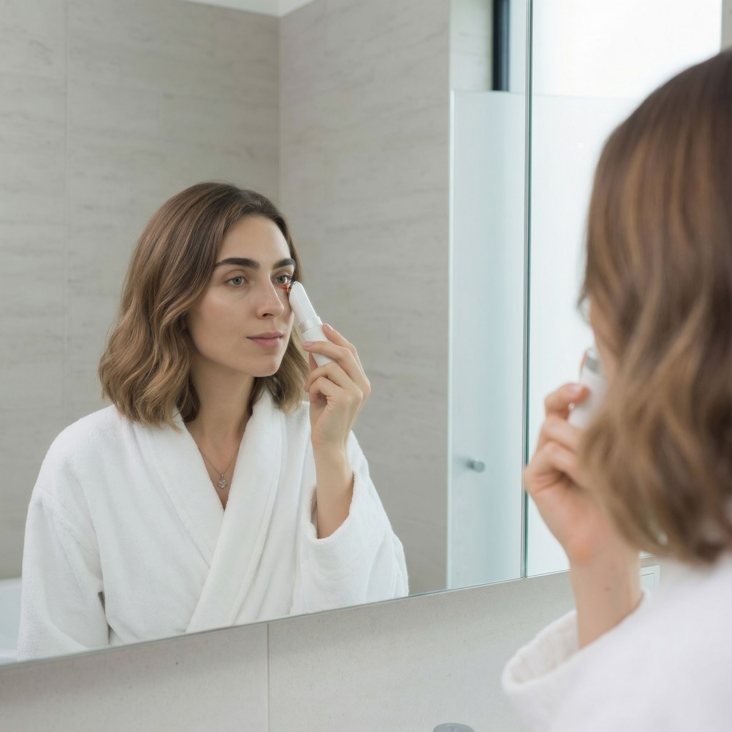 Femme en peignoir utilise un appareil blanc pour le contour des yeux devant un miroir. L'appareil est appliqué sur l'œil.